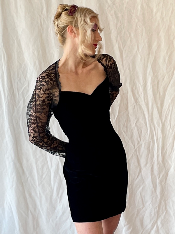 80s 90s vintage handmade black velvet and lace dress