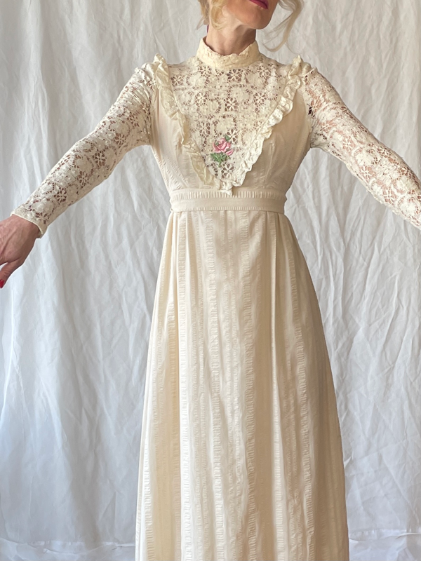 Vintage 1970’s cream prairie dress with crochet long sleeves and crochet  bodice detail