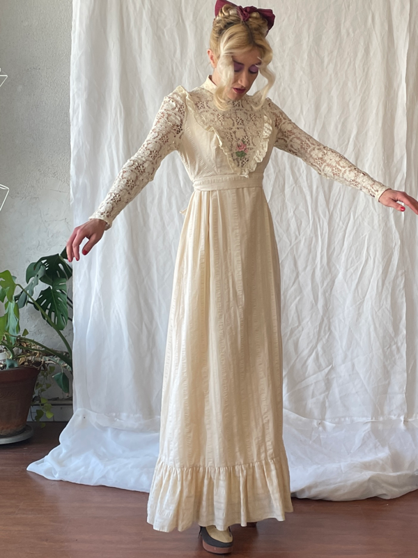 Vintage 70s Cream Lace Midi High Collar Prairie Dress