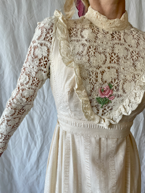 Vintage 1970's cream prairie dress with crochet long sleeves and crochet  bodice detail